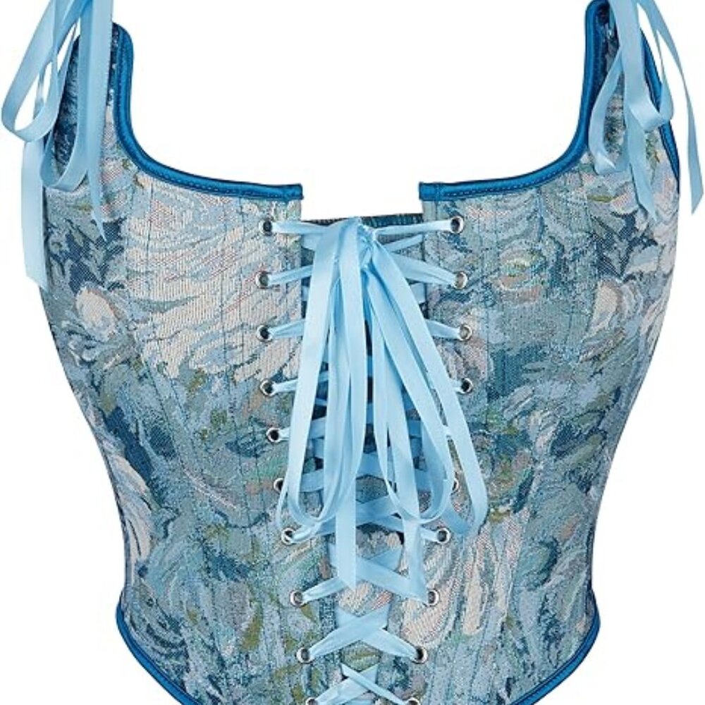 Renaissance Corset Top Sleeveless‎ Drawstring Bustier Tank Top Blue Medium